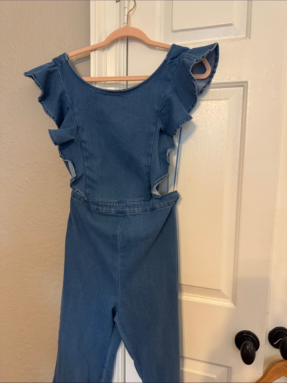 Flying Tomato Denim Blue Wide Leg Jumpsuit with Ruffle Shoulders